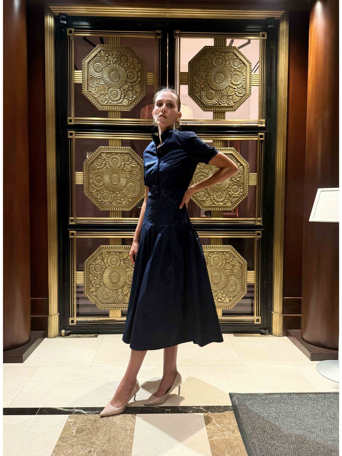 Midnight Grace Shirt Dress – Belted Pleated Midi