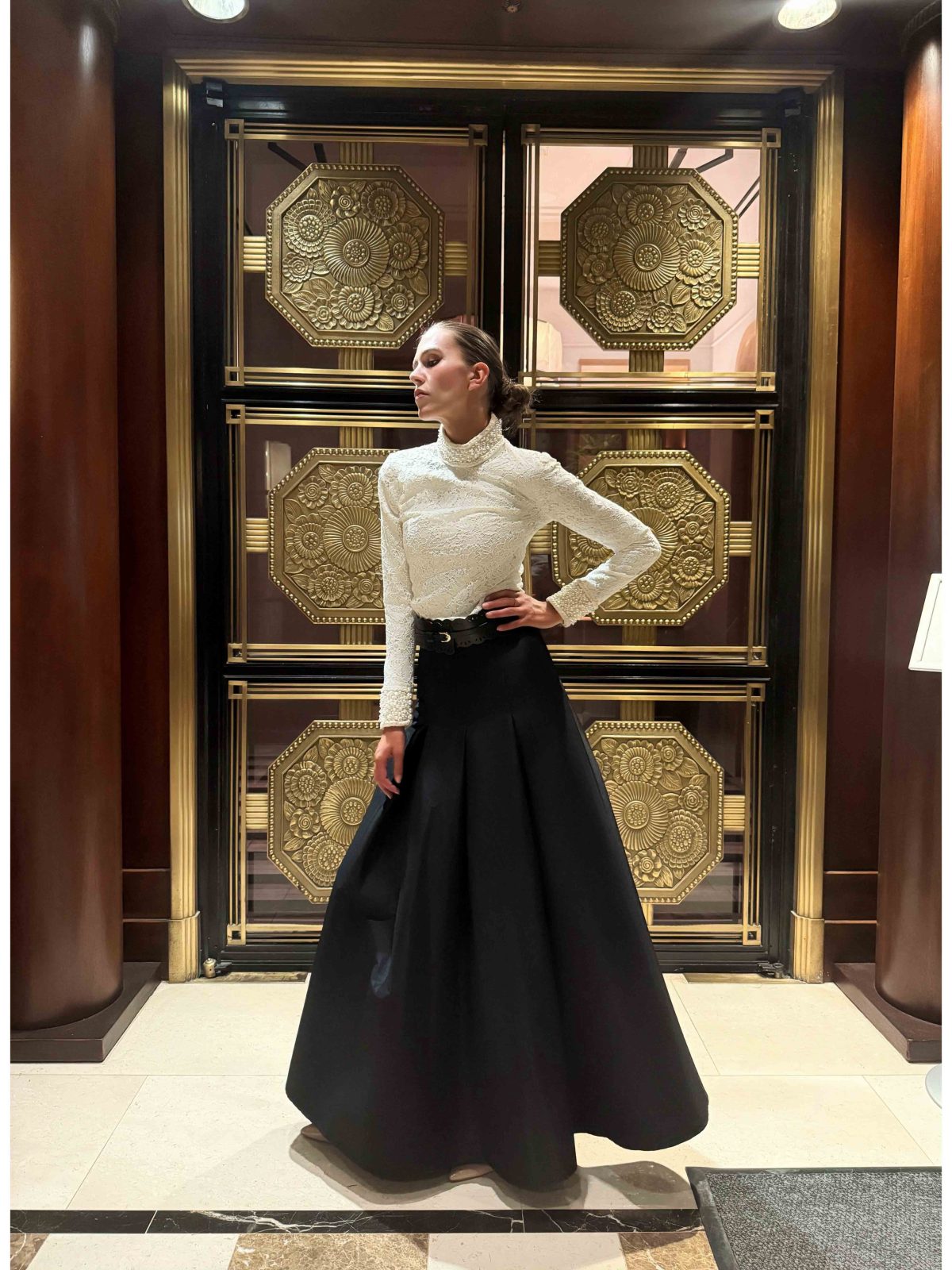 Lumière Ébène Set – Ivory Textured High-Neck Top & Black Full-Circle Skirt