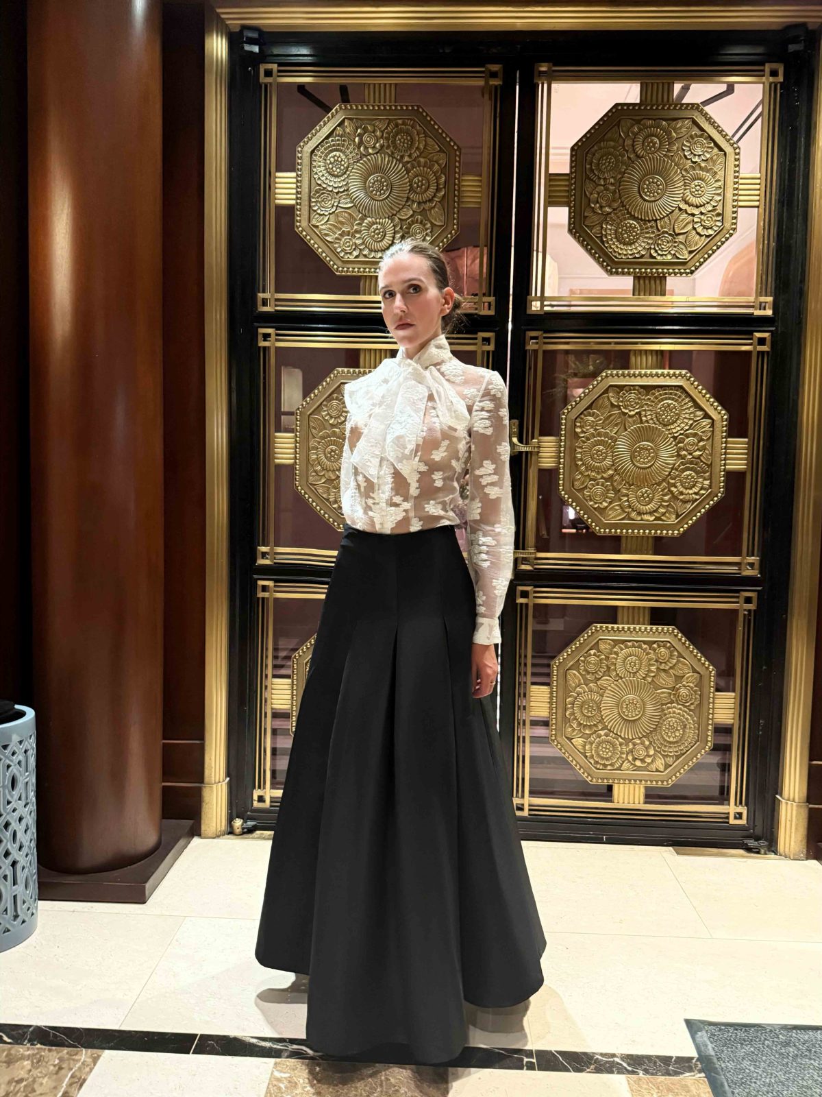 Monochrome Elegance Set – Sheer Embroidered Blouse & Flared Maxi Skirt